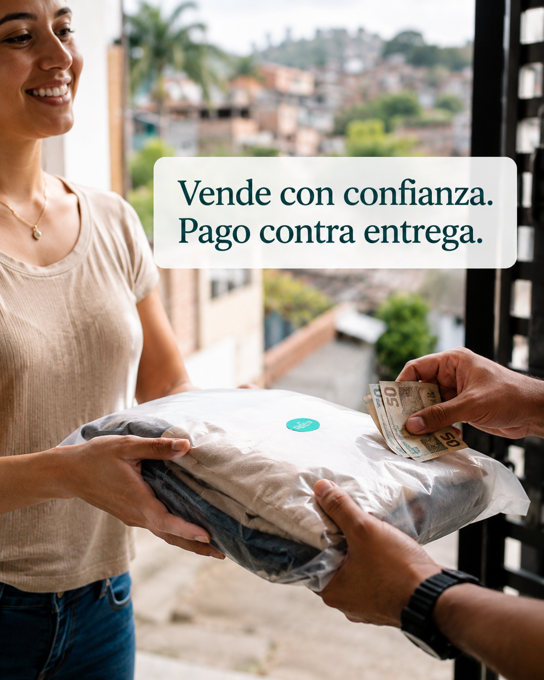 Entrega de paquete con pago en efectivo mostrando confianza y disciplina en pago contra entrega