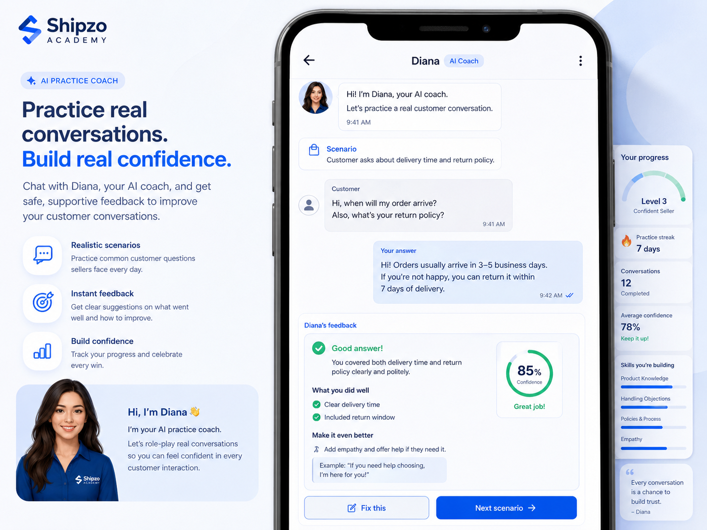 Diana AI coaching practice interface