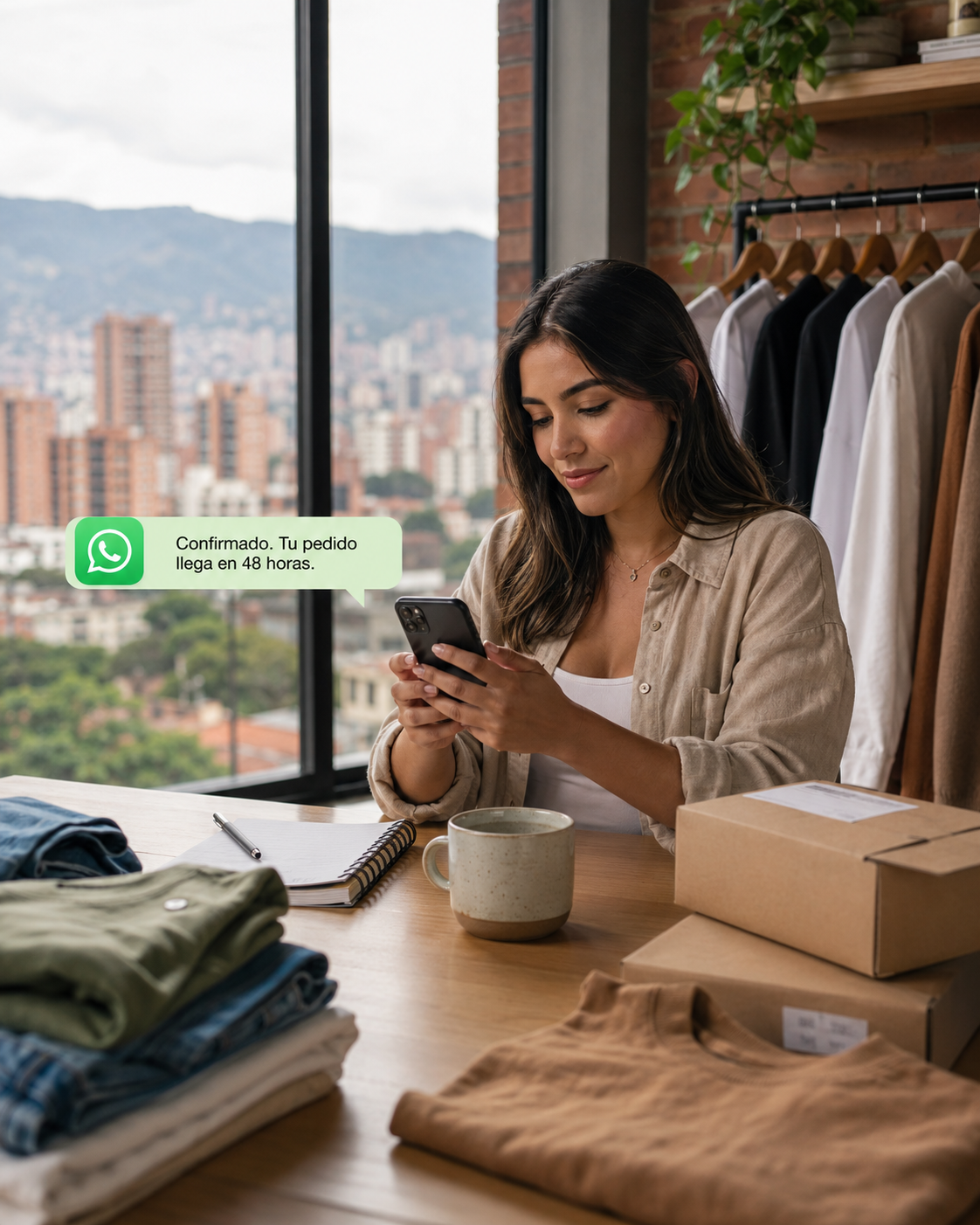 Vendedora colombiana usando su celular en un espacio cálido con ropa local, paquetes y una confirmación de WhatsApp
