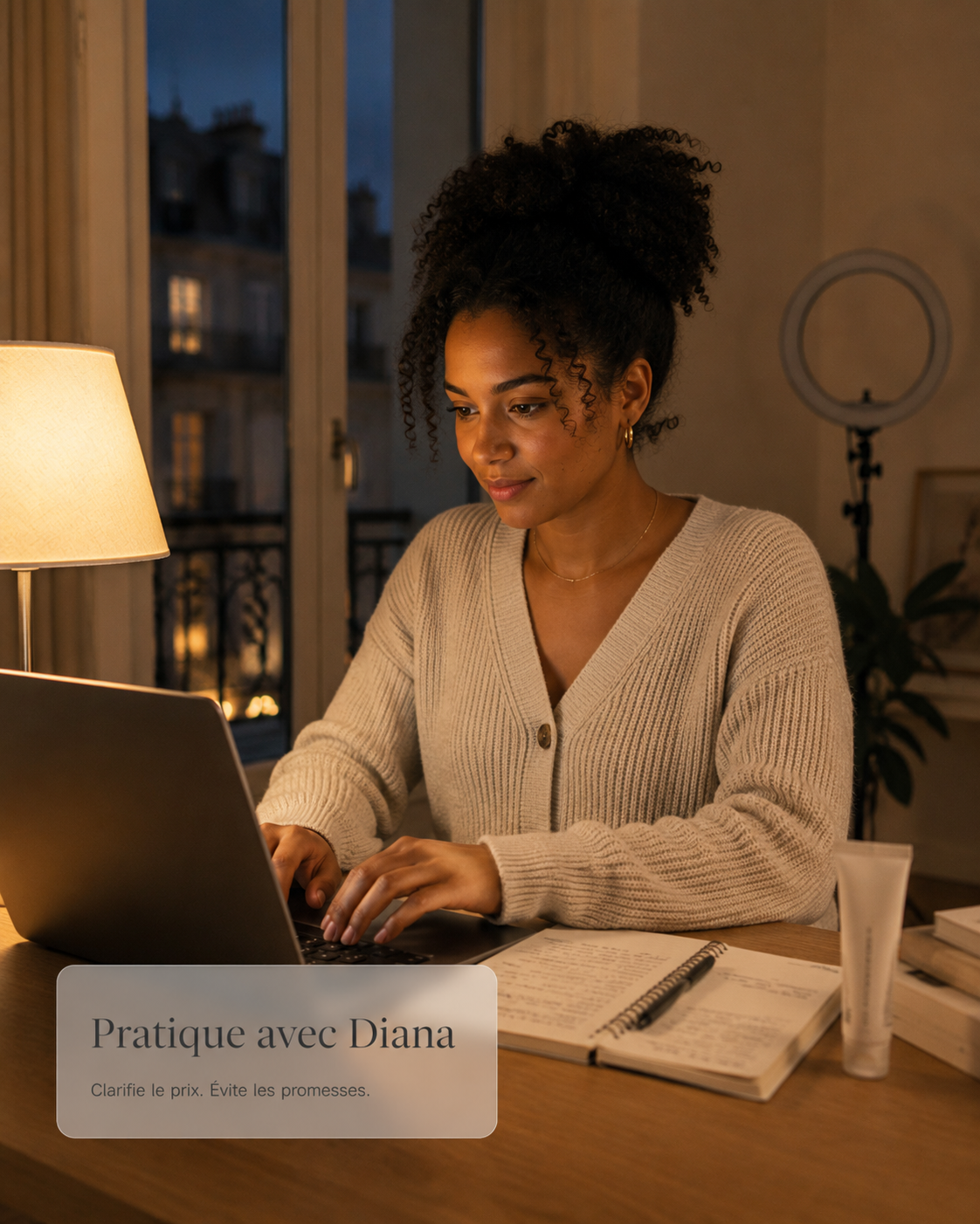 Créatrice française s’entraînant avec Diana le soir devant son ordinateur portable
