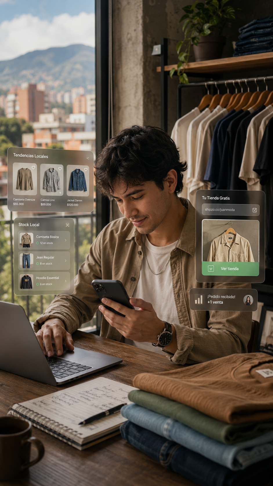 Vendedor colombiano revisando tendencias locales y su tienda gratis desde laptop y celular con prendas colgadas detrás