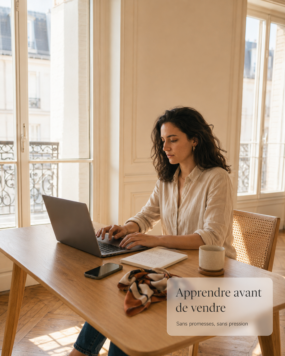 Apprenante française travaillant calmement sur son ordinateur pour se préparer avant de vendre