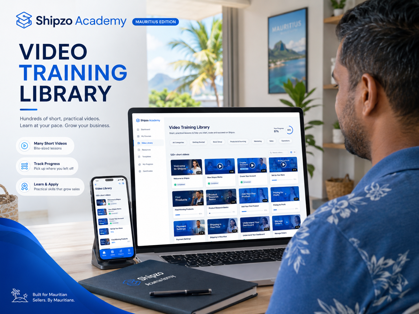 Mauritius video training dashboard on desktop and phone