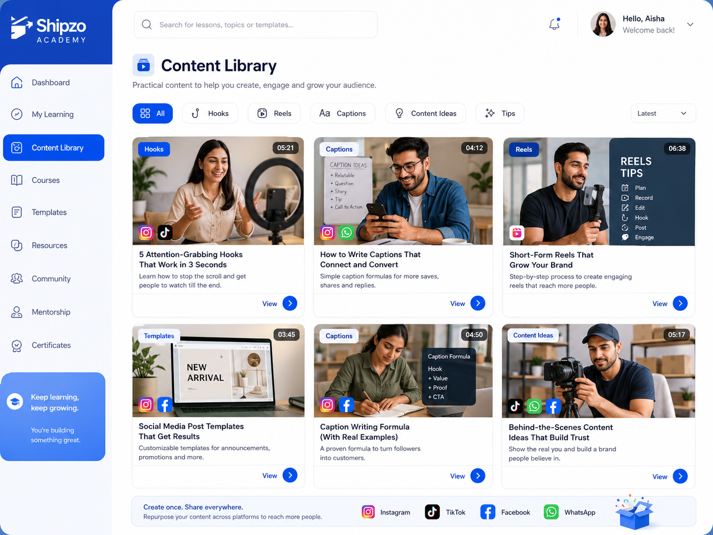 Social selling content hub dashboard