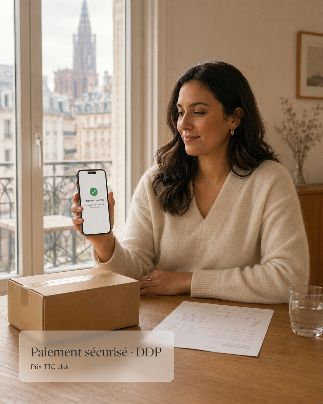 Cliente française montrant un paiement confirmé pour illustrer un modèle prépayé avec livraison DDP